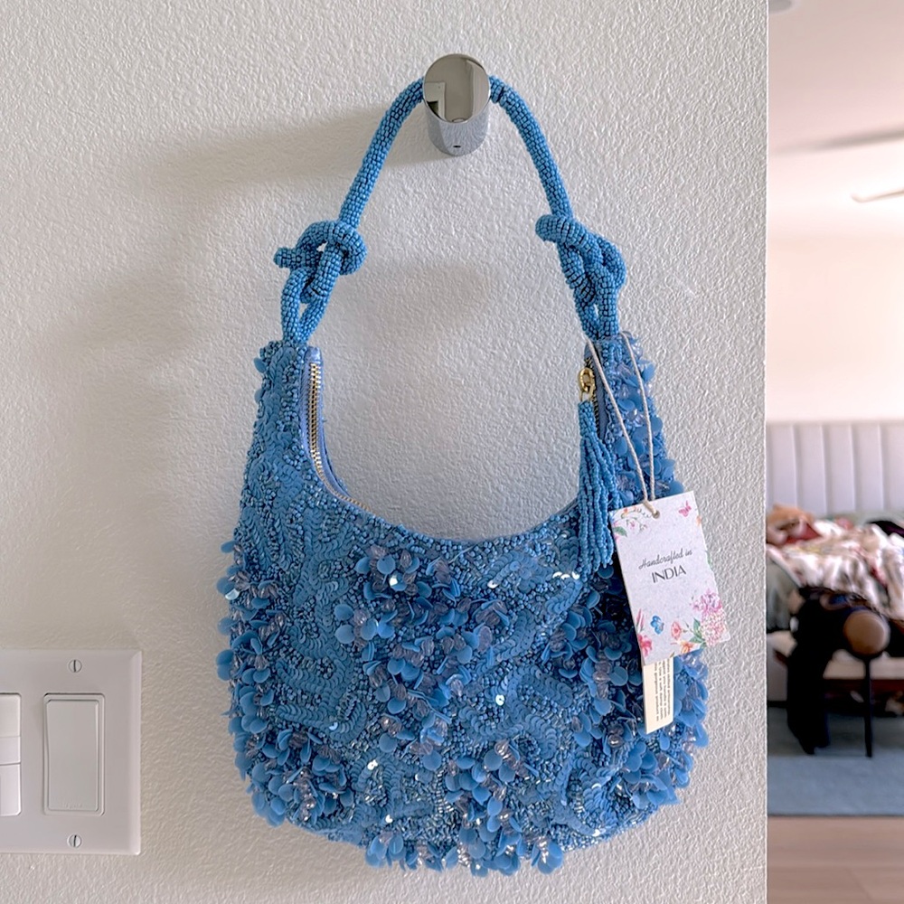 NWT Viral Blue Sequin Beaded Floral Purse.